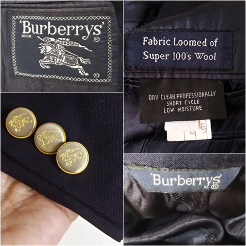Vintage BURBERRYS‎ Super 100's Wool Blazer Suit Jacket Sport Coat Navy Blue 40L